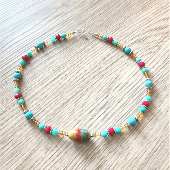 Handmade Beaded Necklace 18" Semi Precious Stone Ceramic Beads Boho Southwest A - Picture 3 of 7